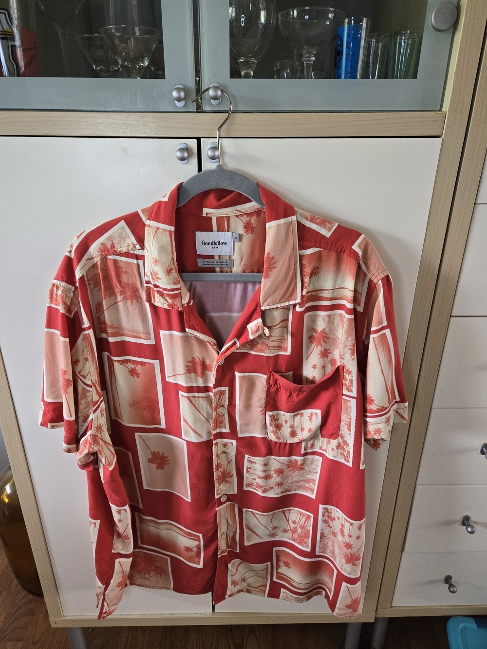Goodfellow & Co Red and Cream Tropical Block Print Camp Shirt